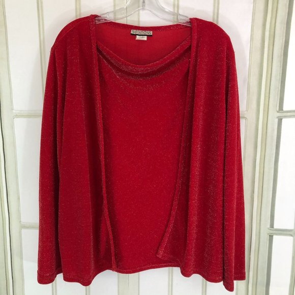 Notations Christmas Red Blouse w Attached Cardigan Size XL Lagenlook Cowl Neck